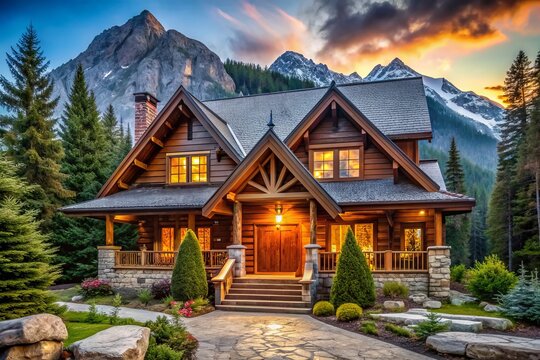 rustic charming natural wooden chalet style mountain lodge warm coziness earthy tones welcoming entrance serene peaceful atmosphere cozy retreat