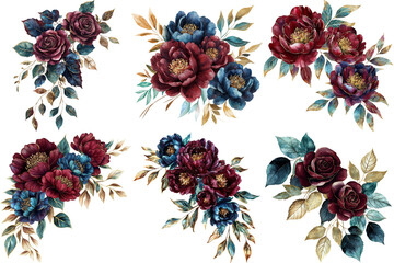 The image showcases six watercolor floral arrangements featuring a luxurious blend of deep burgundy, rich navy, teal, and gold tones.