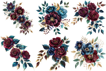 The image showcases six watercolor floral arrangements featuring a luxurious blend of deep burgundy, rich navy, teal, and gold tones.