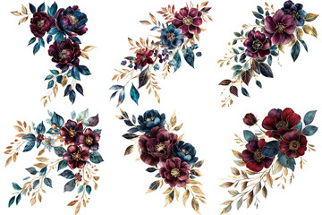 The image showcases six watercolor floral arrangements featuring a luxurious blend of deep burgundy, rich navy, teal, and gold tones.