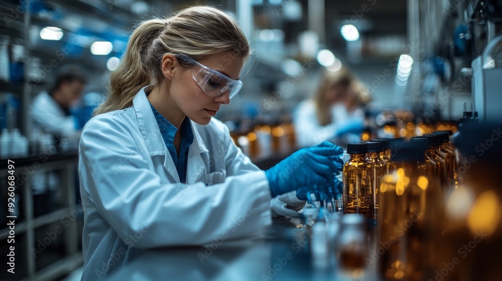 Poster a focused scientist carefully measures liquids in amber vials, immersed in research in a state-of-th