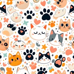 Cute Cat Seamless Pattern with Paws and Hearts