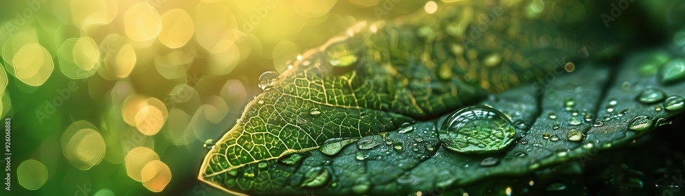 Wall mural Dewdrops on a leaf, bright sunlight, macro photography, vibrant, high detail