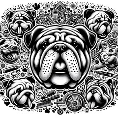 Black and White Bulldog Illustration with Pattern Background