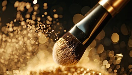 Golden makeup powder floats gracefully from the brush against a moody dark background