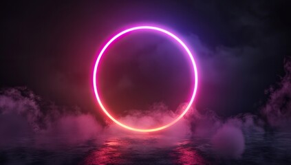 Naklejka premium A glowing pink and blue neon ring illuminates a cloud against a dark background