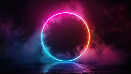 A glowing pink and blue neon ring illuminates a cloud against a dark background
