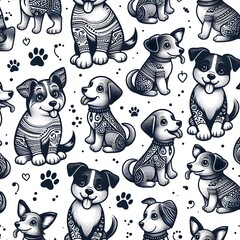 Tattooed Dogs Seamless Pattern