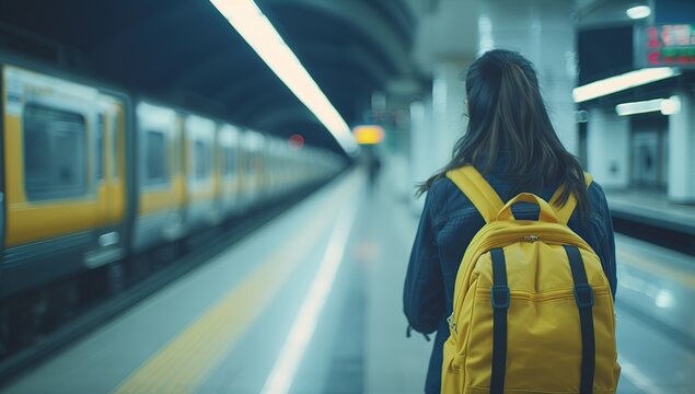 Woman with a yellow backpack waits for the subway train at the underground station