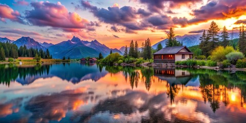 Fototapeta premium Golden sun dips below calm water, painting sky and mountains with fiery hues