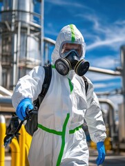 Naklejka premium A worker in a hazmat suit inspects a methane gas leak at a biogas facility, capturing the critical moment of discovery.