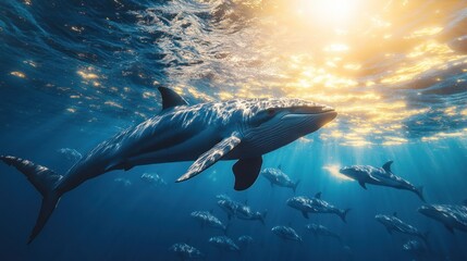 Naklejka premium Whale Swimming Underwater in a Sunlit Ocean