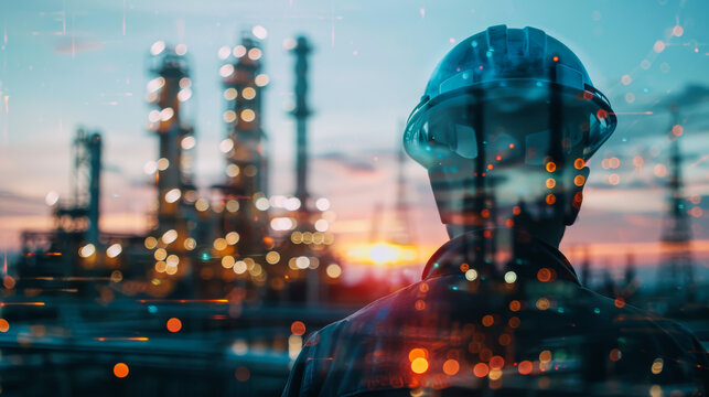 Double exposure of an engineer in a protective helmet against the background of an oil plant. Industry concept.