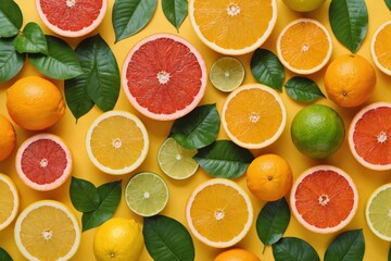 Creative background made of summer tropical fruits with leaves, grapefruit, orange, tangerine, lemon, lime on pastel yellow background