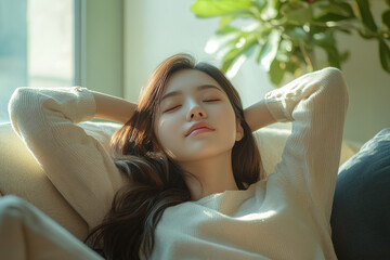 Serene Asian woman lounging on a sofa at home, hands resting behind her head, eyes closed, dressed casually in a relaxed living room setting, captured in a hyper-realistic photorealistic style.