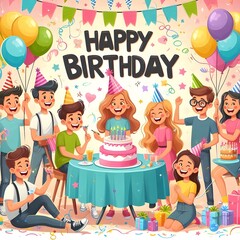 Happy Birthday Party with Friends and Cake