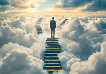 "A Man in a Suit Standing at the Top of a Long Stairway"