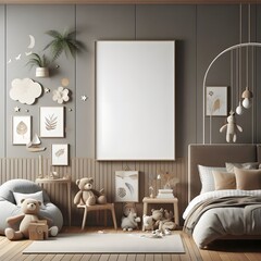Modern Minimalist Nursery Interior with Blank Canvas and Teddy Bears