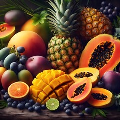 Tropical Fruit Still Life with Pineapple, Mango, Papaya and Blueberries