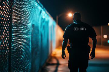Nighttime security guard walking down a lit path, showcasing vigilance and safety in urban settings.