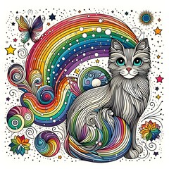 Psychedelic Cat with Rainbow Tail