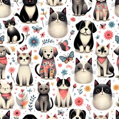 Seamless Pattern with Adorable Cats and Dogs in a Floral Setting