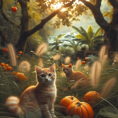 An orange cat sits in the middle of a forest surrounded by beautiful flowers.