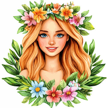 woman with floral crown, watercolor portrait