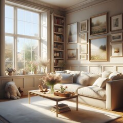 Cozy Living Room with Large Window and Sunbeams