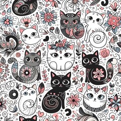 Cute Cats and Floral Pattern Seamless Background