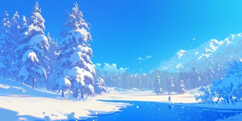 Enchanting Taiwanese Winter Wonderland: Anime-Style Snowy Mountain Landscape. Majestic Pine Trees Contrast with Pristine Snow-Covered Valleys and Slopes. Ideal for Seasonal Marketing, UI Design, and 4
