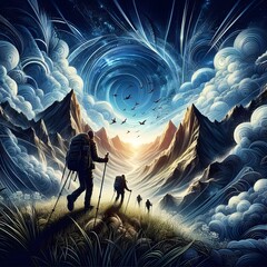 Hikers Ascending Towards a Celestial Vortex in a Dreamlike Mountain Landscape