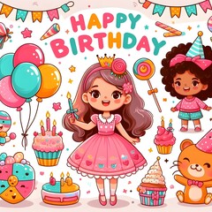 Happy Birthday Celebration with Cute Cartoon Characters and Party Decorations