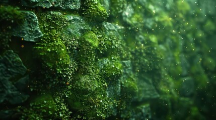 Moss on stone wall, futuristic, glowing elements, detailed texture
