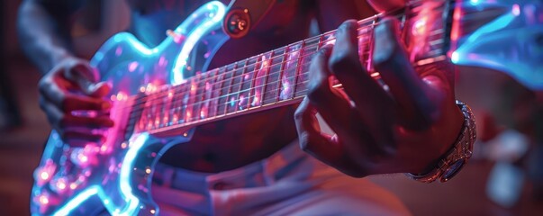 Naklejka premium Musicians hands, futuristic guitar, neon glow, high detail