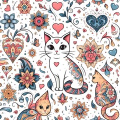 Cute Cats with Floral and Mandala Pattern Seamless Background
