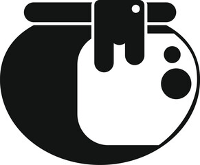 Simple black and white vector icon representing a closed honey jar with a paper label hanging and dripping honey