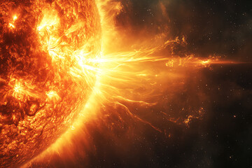 Fototapeta premium Dramatic depiction of a solar flare and plasma ejection from the sun, triggering magnetic storms on Earth and affecting space weather. 