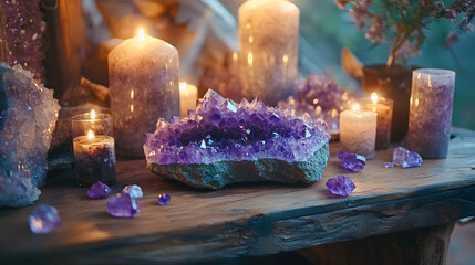 A table is covered with purple crystals and candles. The candles are lit, creating a warm and inviting atmosphere. The table is also adorned with a few rocks, adding to the natural