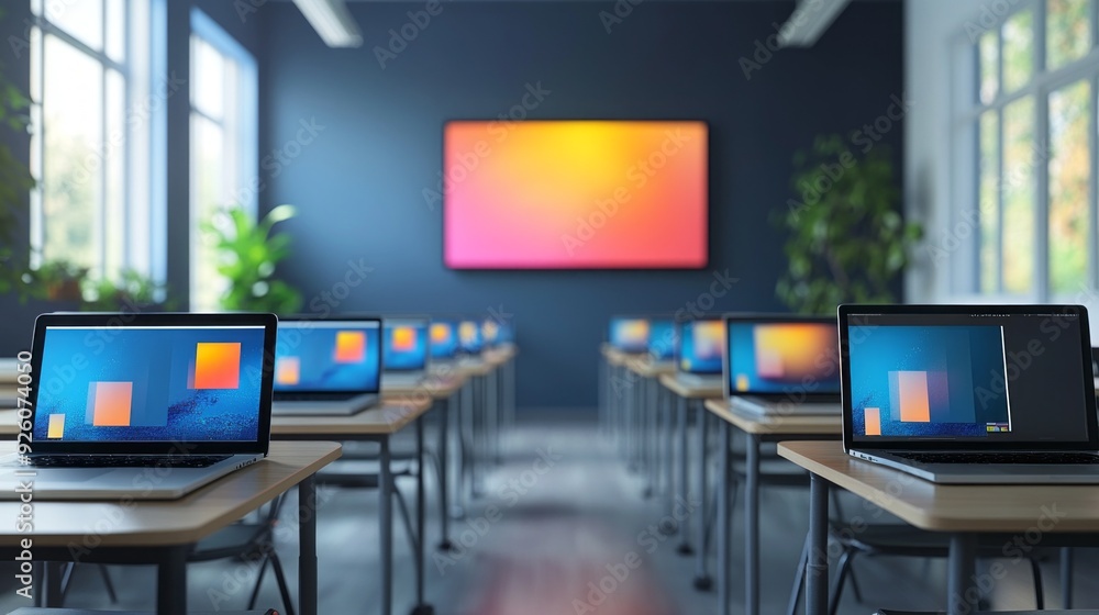 Poster rows of sleek laptops on wooden desks fill a contemporary classroom, illuminated by natural light an
