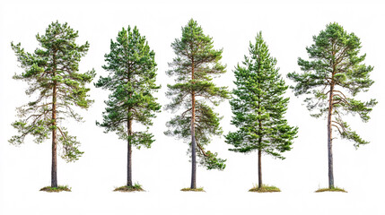Five Tall Pine Trees Isolated on White