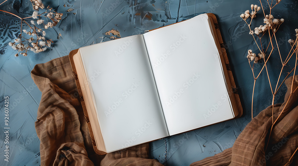 Poster a beautifully designed journaling notebook lies open to a blank page, inviting creativity. the page 