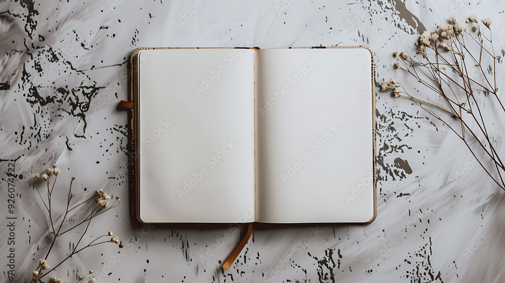 Poster a beautifully designed journaling notebook lies open to a blank page, inviting creativity. the page 