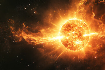 Dramatic depiction of a solar flare and plasma ejection from the sun, triggering magnetic storms on Earth and affecting space weather.
