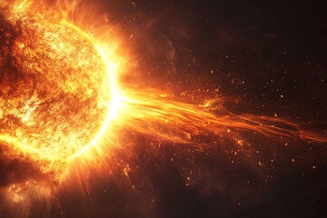 Dramatic depiction of a solar flare and plasma ejection from the sun, triggering magnetic storms on Earth and affecting space weather.
