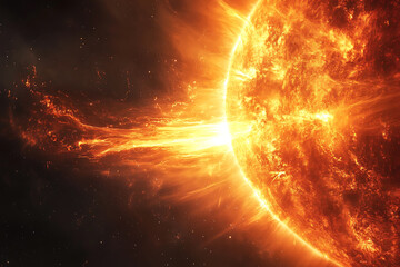 Fototapeta premium Dramatic depiction of a solar flare and plasma ejection from the sun, triggering magnetic storms on Earth and affecting space weather. 