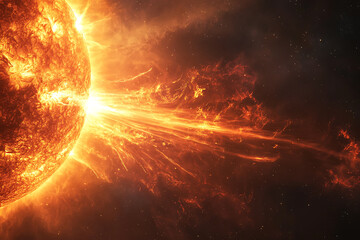 Obraz premium Dramatic depiction of a solar flare and plasma ejection from the sun, triggering magnetic storms on Earth and affecting space weather. 
