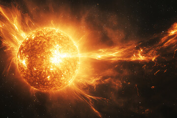 Obraz premium Dramatic depiction of a solar flare and plasma ejection from the sun, triggering magnetic storms on Earth and affecting space weather. 