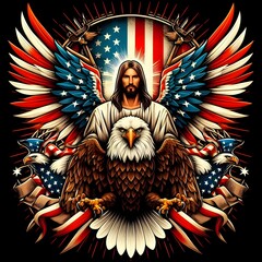 Jesus, Eagle, and American Flag Patriotic Illustration