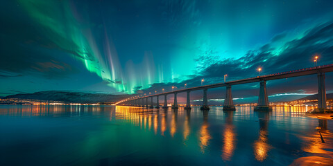 Northern Lights Over City Bridge Illuminating the Night Sky - Majestic Aurora Borealis in Urban Landscape
